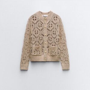 Zara Tan Cardigan Open-Weave Crewneck Sweater Gold Buttons